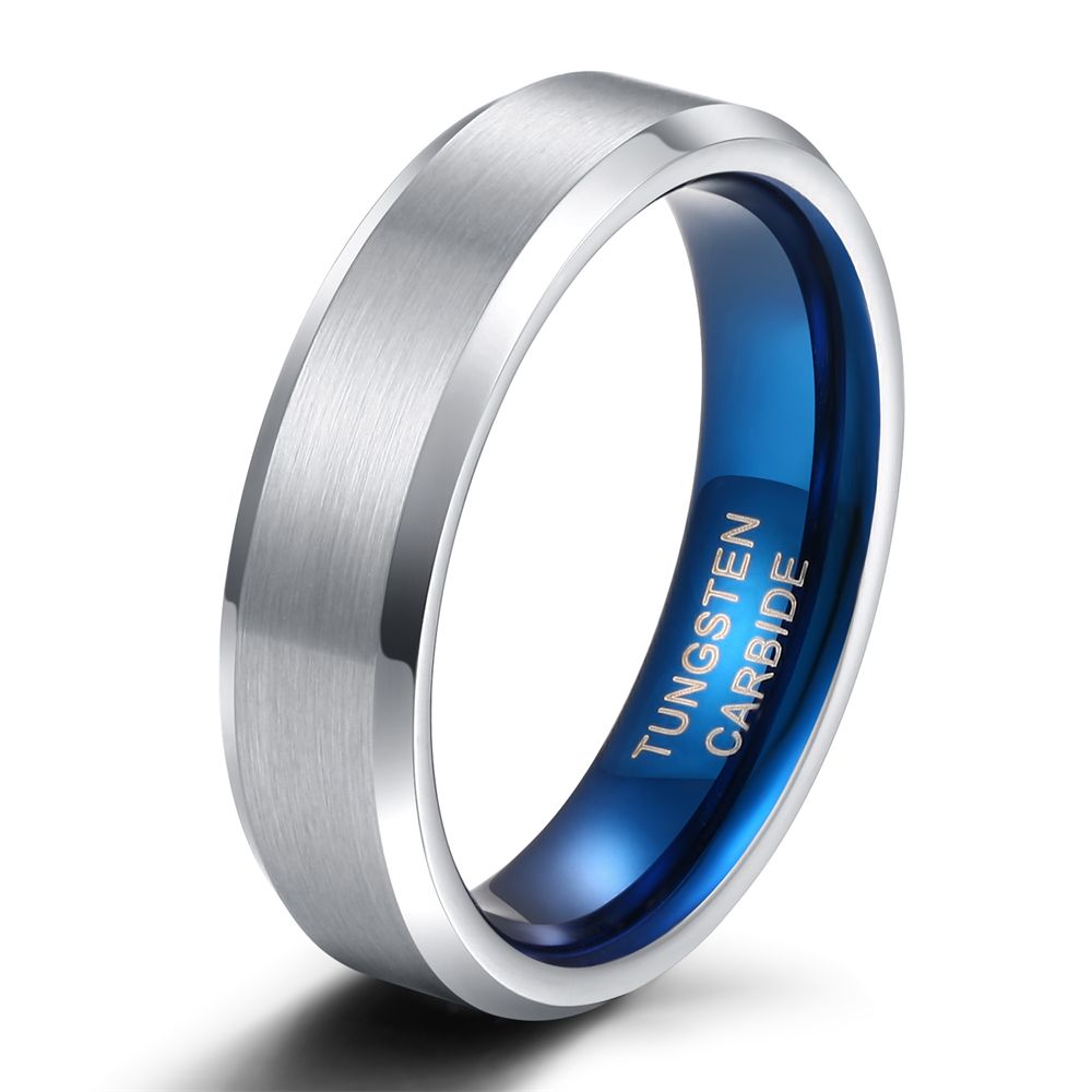 6mm Women Mens Brushed Tungsten Rings Blue Inner Ring Wedding Bands