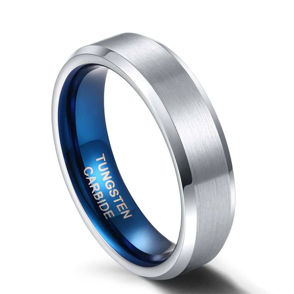 6mm Women Mens Brushed Tungsten Rings Blue Inner Ring Wedding Bands