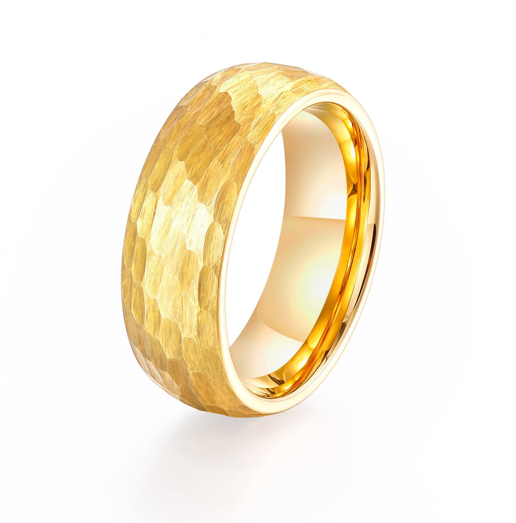 8mm 24K Gold Plated Domed Hammered Tungsten Carbide Ring