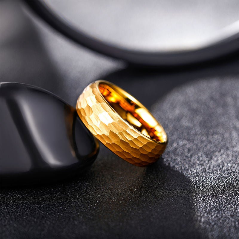 8mm 24K Gold Plated Domed Hammered Tungsten Carbide Ring