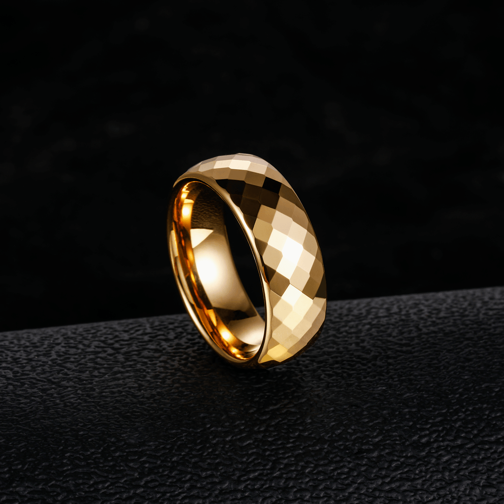 8mm 24K Gold Plated Engraving Hammered Tungsten Ring
