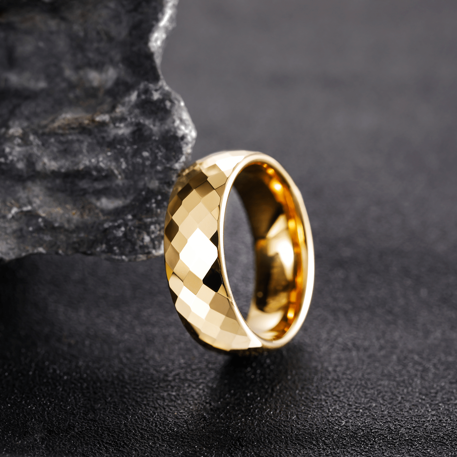 8mm 24K Gold Plated Engraving Hammered Tungsten Ring