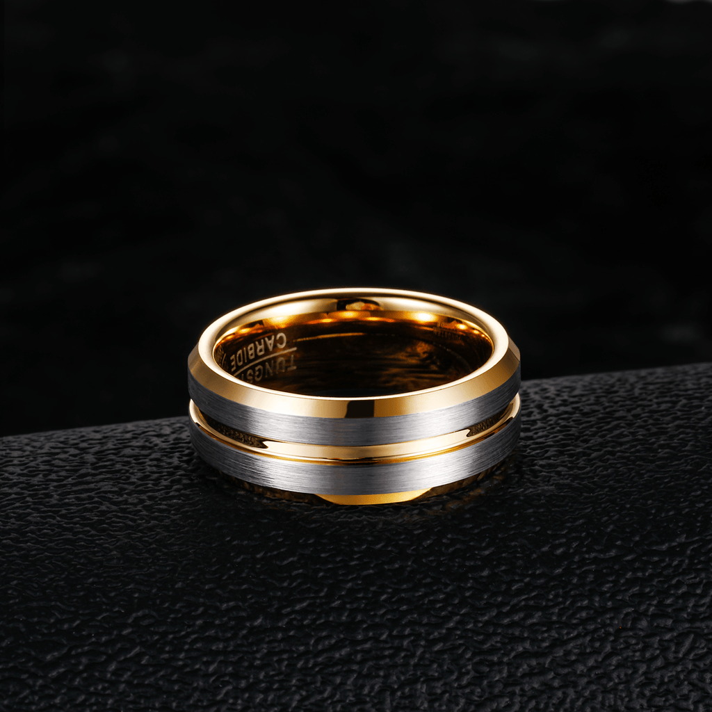 8mm 24K Gold Plated Grooved Silver Brushed Tungsten Carbide Ring