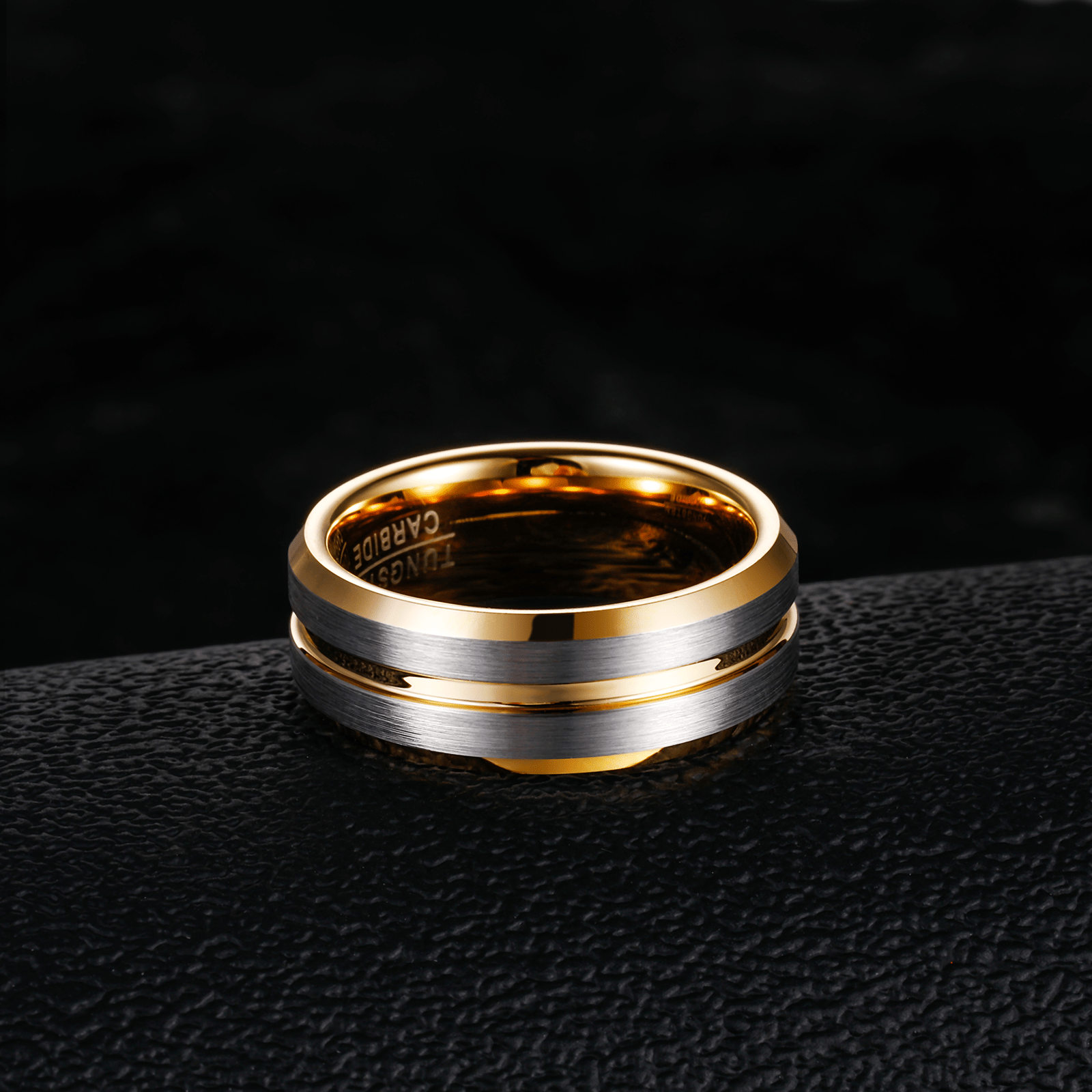 8mm 24K Gold Plated Grooved Silver Brushed Tungsten Carbide Ring