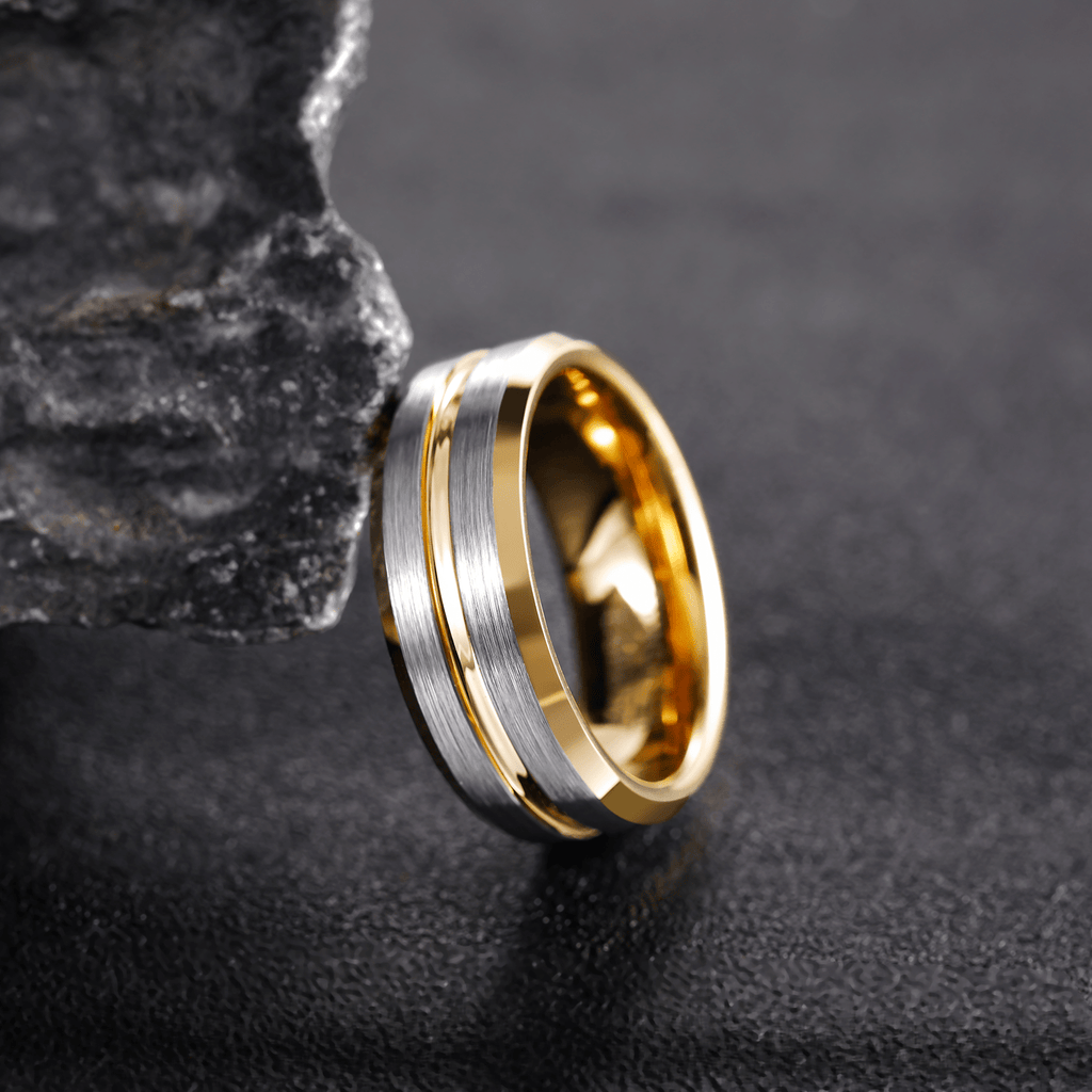 8mm 24K Gold Plated Grooved Silver Brushed Tungsten Carbide Ring