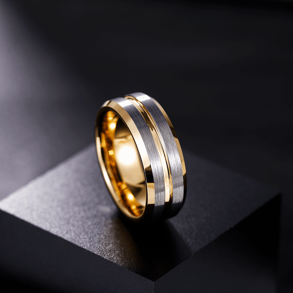 8mm 24K Gold Plated Grooved Silver Brushed Tungsten Carbide Ring