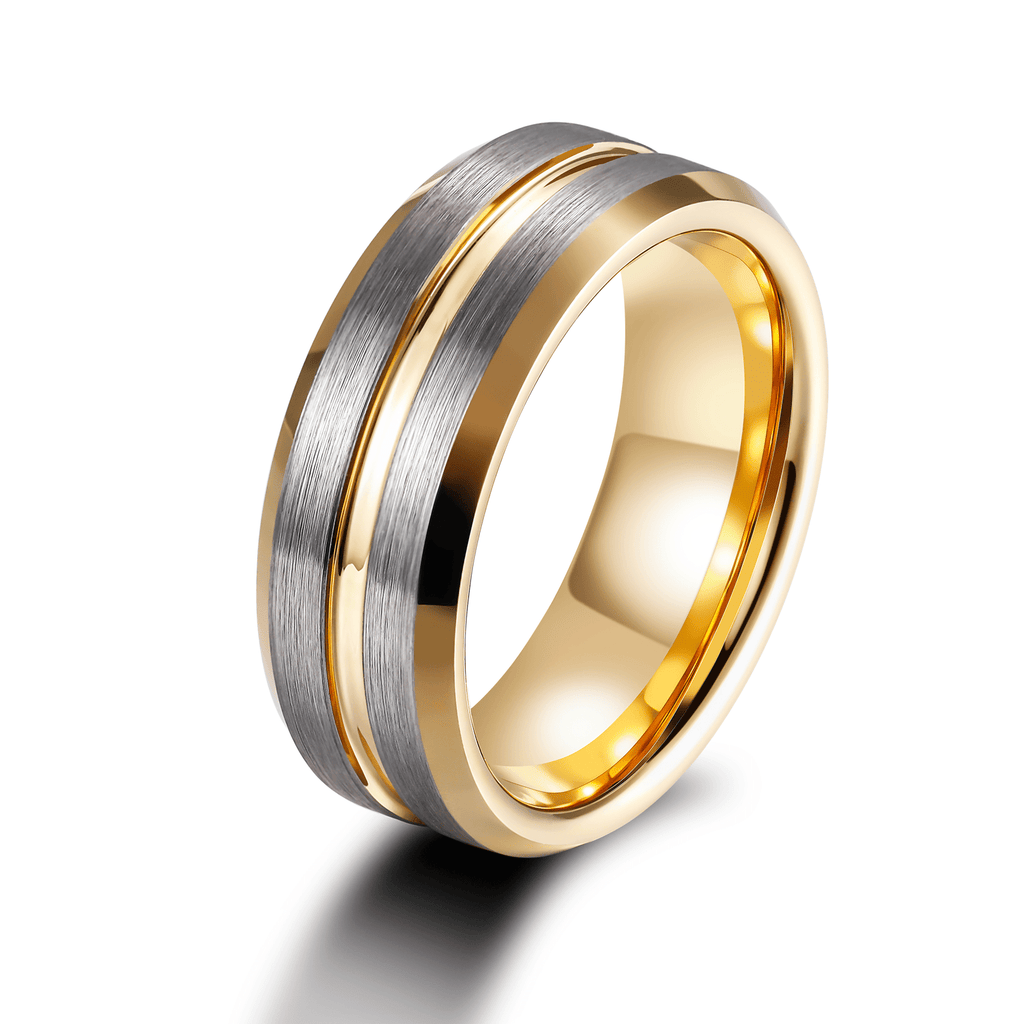 8mm 24K Gold Plated Grooved Silver Brushed Tungsten Carbide Ring