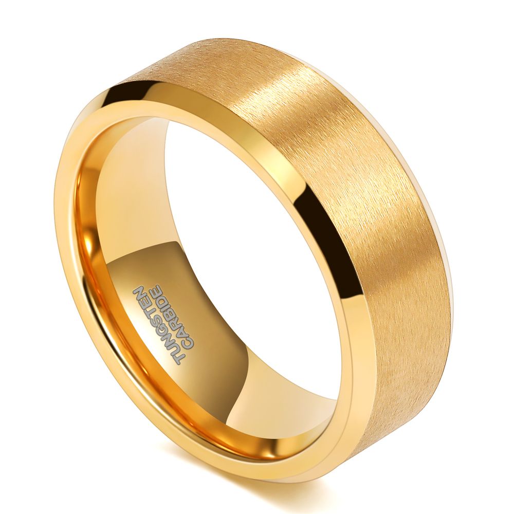 8mm 24K Gold Plated Tungsten Rings For Men Brushed Wedding Bands