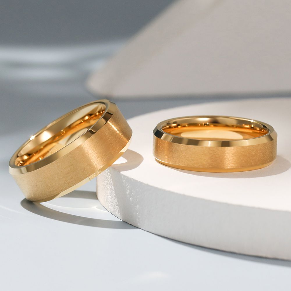 8mm 24K Gold Plated Tungsten Rings For Men Brushed Wedding Bands