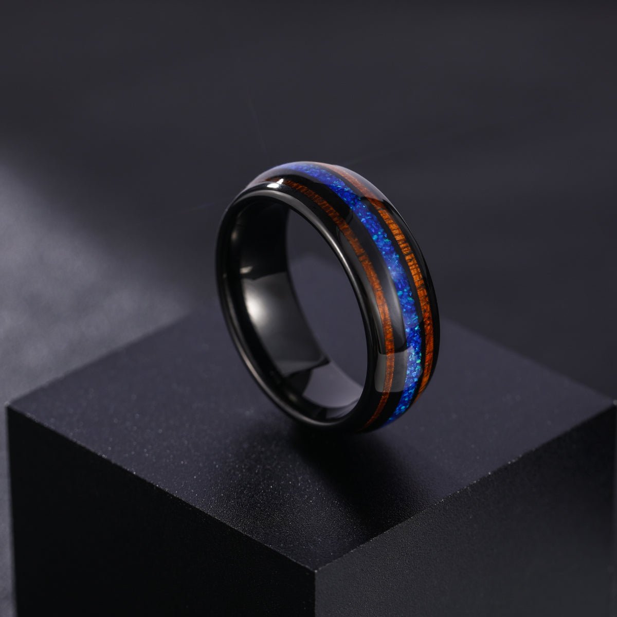 8mm Abalone Shell Black Tungsten Carbide Ring Wedding Band Real Koa Wood Blue Opal Ring for Men Fashion Jewelry