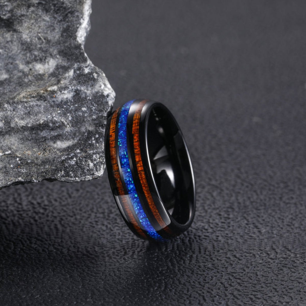8mm Abalone Shell Black Tungsten Carbide Ring Wedding Band Real Koa Wood Blue Opal Ring for Men Fashion Jewelry