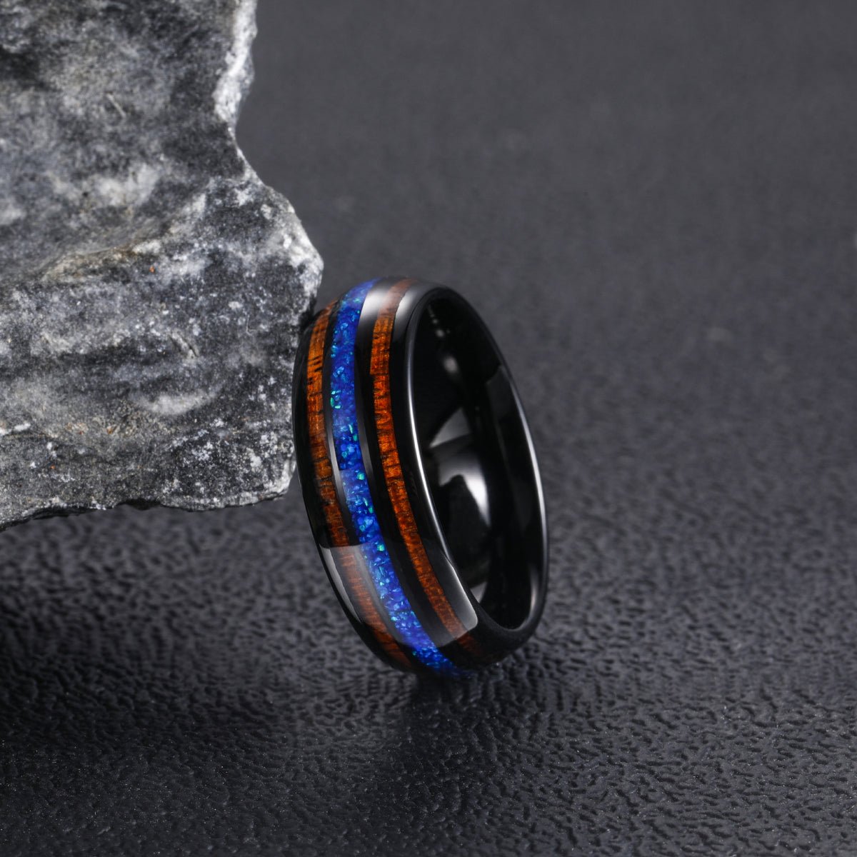 8mm Abalone Shell Black Tungsten Carbide Ring Wedding Band Real Koa Wood Blue Opal Ring for Men Fashion Jewelry