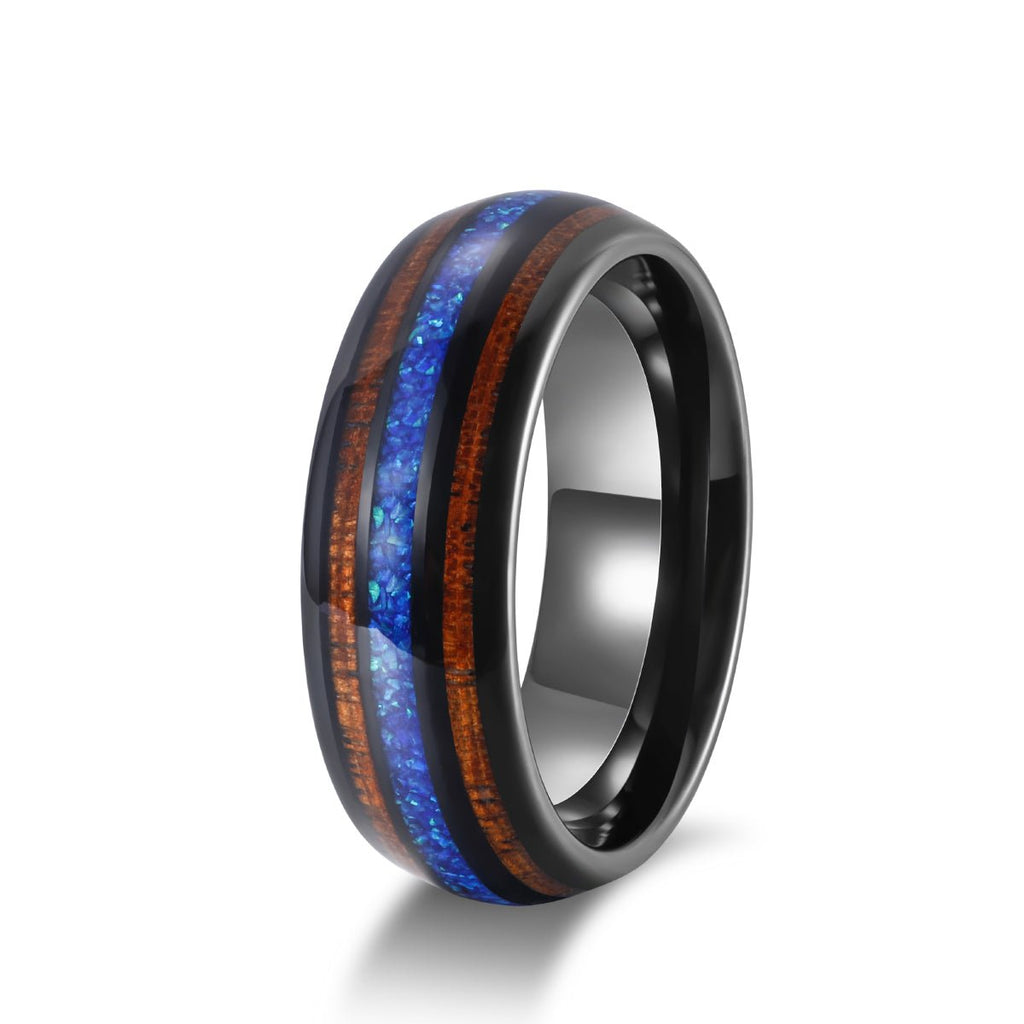 8mm Abalone Shell Black Tungsten Carbide Ring Wedding Band Real Koa Wood Blue Opal Ring for Men Fashion Jewelry