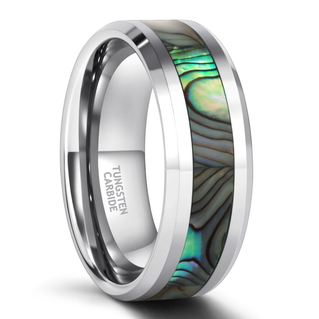8mm Abalone Shell Inlay Tungsten Carbide Ring Man Polished Finish Mens Wedding Bands