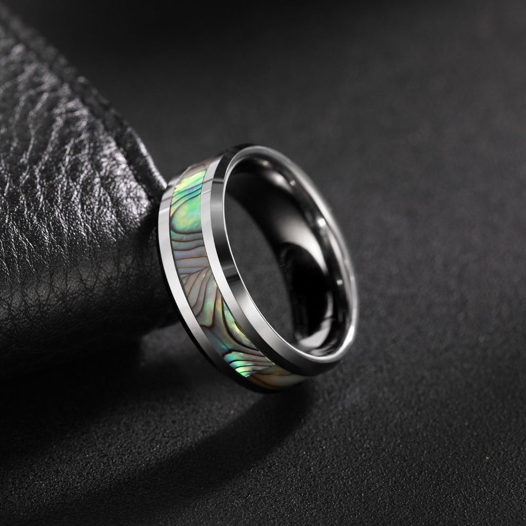 8mm Abalone Shell Inlay Tungsten Carbide Ring Man Polished Finish Mens Wedding Bands