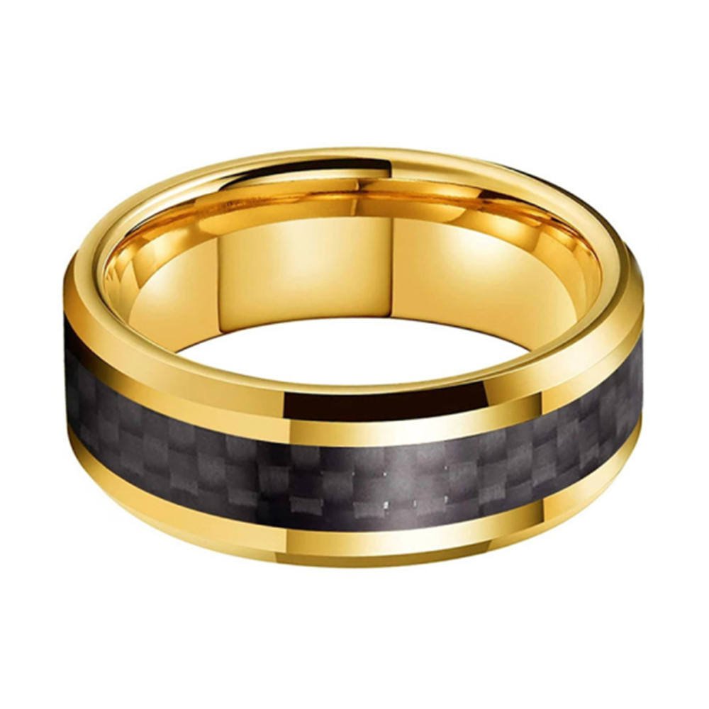 8mm Band 18K Gold Plated Beveled Black Carbon Fiber Inlay Tungsten Carbide Ring for Men
