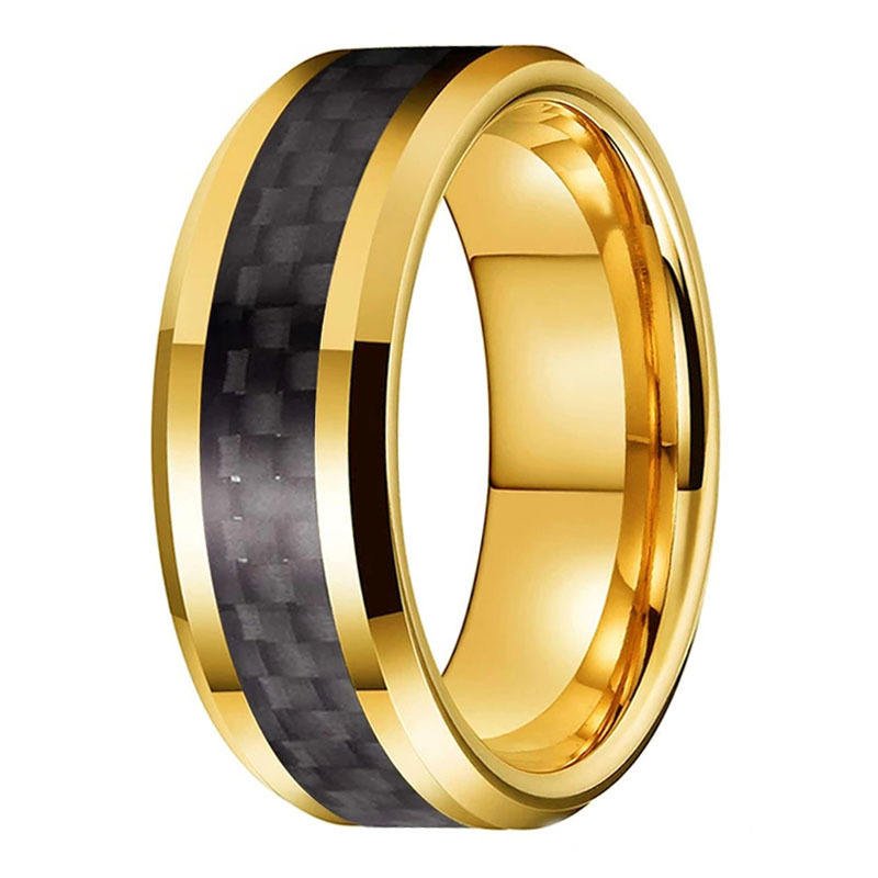 8mm Band 18K Gold Plated Beveled Black Carbon Fiber Inlay Tungsten Carbide Ring for Men