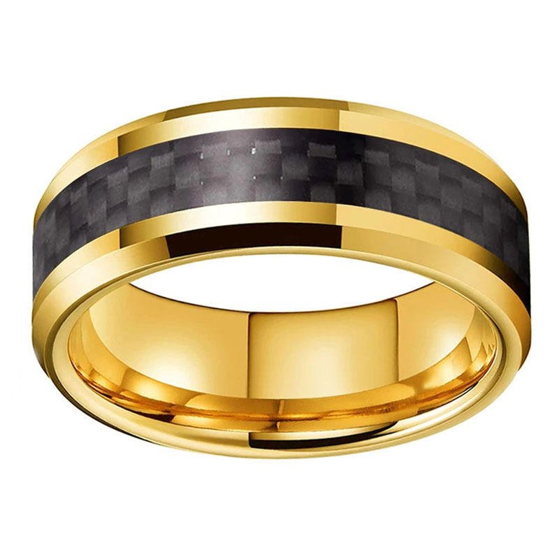 8mm Band 18K Gold Plated Beveled Black Carbon Fiber Inlay Tungsten Carbide Ring for Men