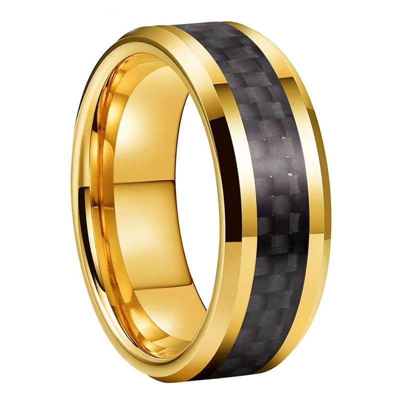 8mm Band 18K Gold Plated Beveled Black Carbon Fiber Inlay Tungsten Carbide Ring for Men
