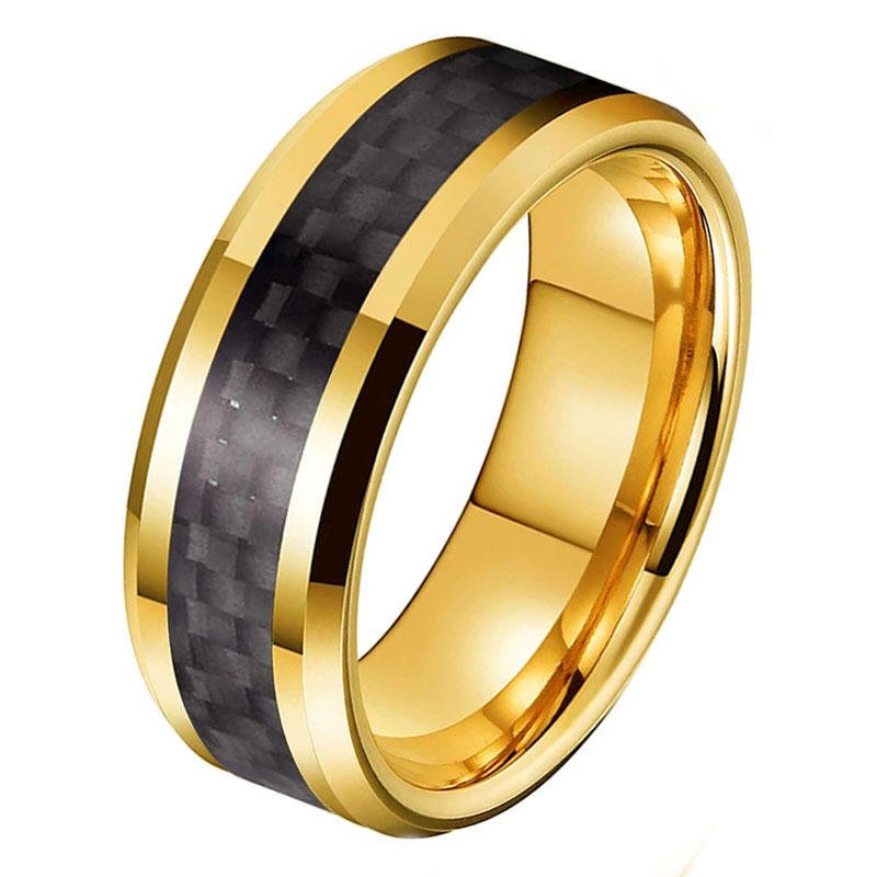8mm Band 18K Gold Plated Beveled Black Carbon Fiber Inlay Tungsten Carbide Ring for Men