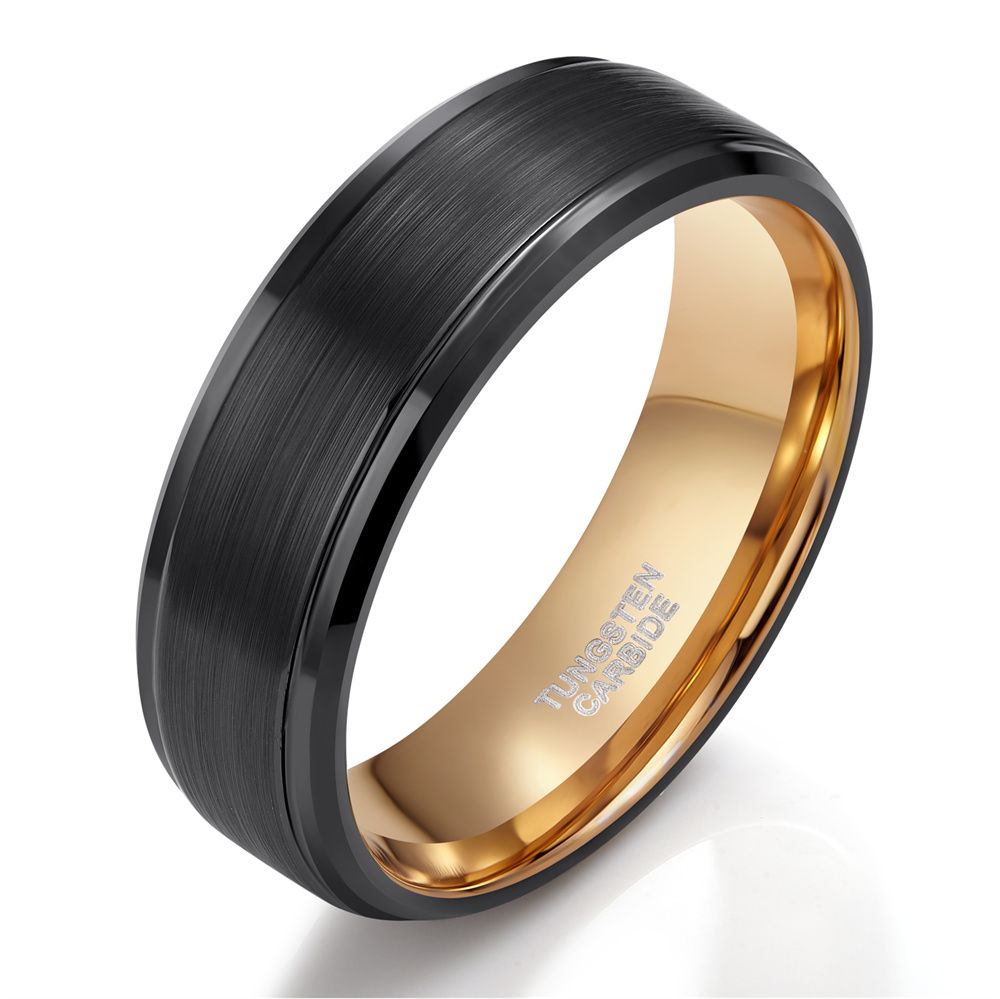 8mm Black Brushed Tungsten Rings 18k Gold Plated Men's Wedding Bands