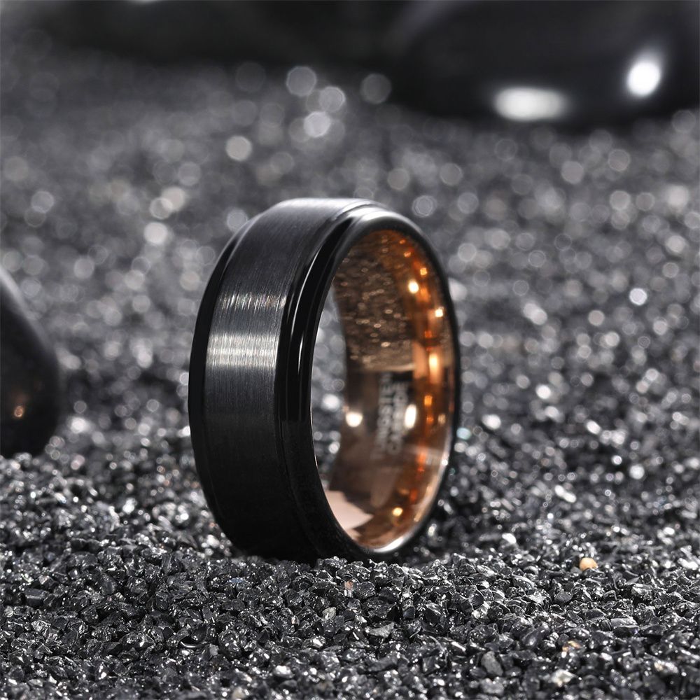 8mm Black Brushed Tungsten Rings 18k Gold Plated Men's Wedding Bands