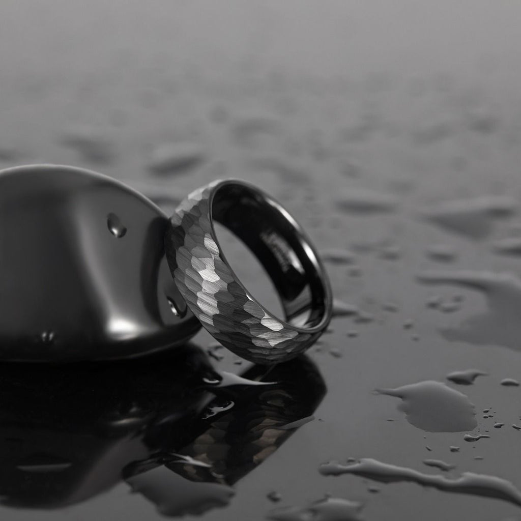 8mm Black Hammered Tungsten Carbide Ring Mens Women Engagement Wedding Bands