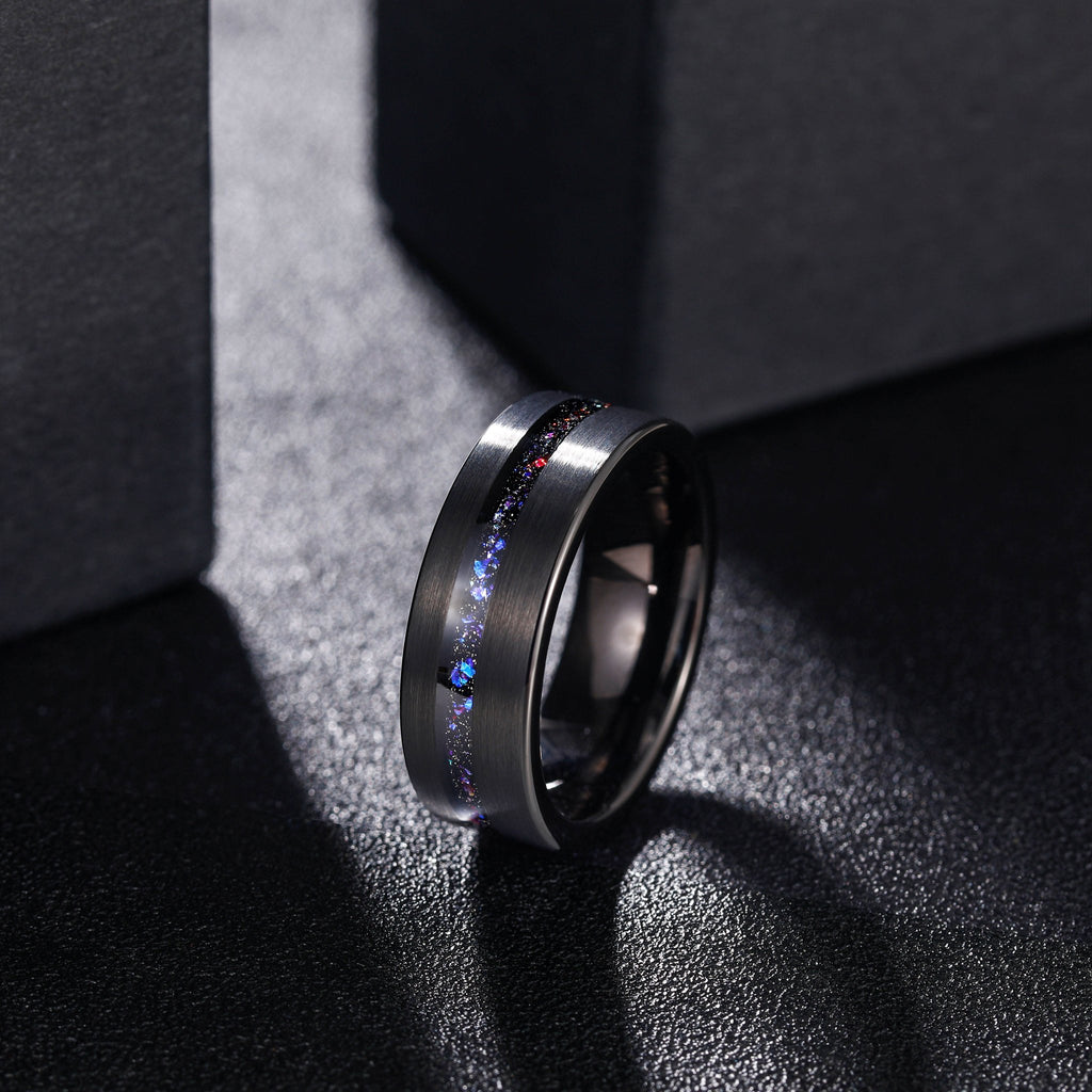 8mm Black Plated Brushed Black Blue Meteorite Stone Inlay Tungsten Carbide Ring