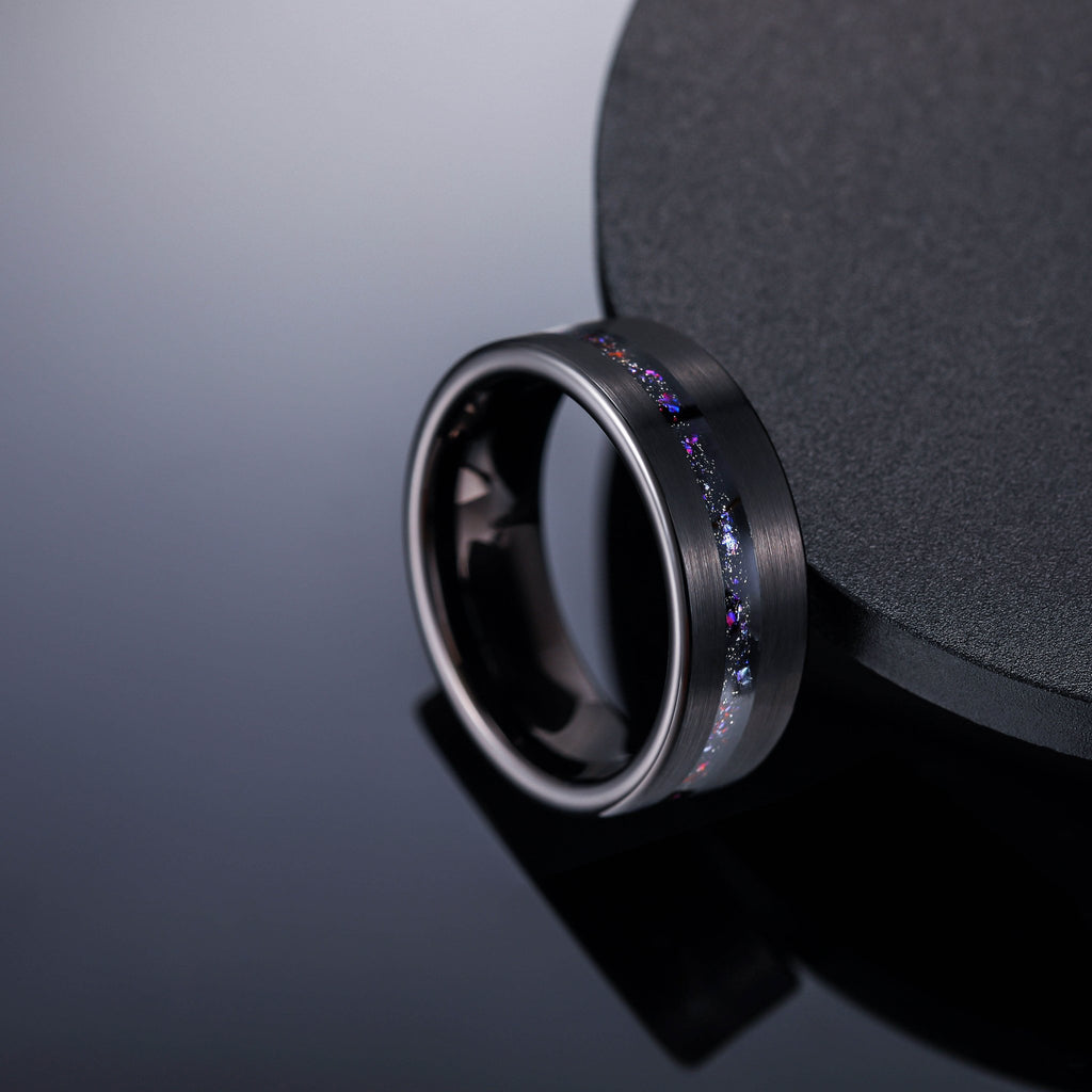 8mm Black Plated Brushed Black Blue Meteorite Stone Inlay Tungsten Carbide Ring