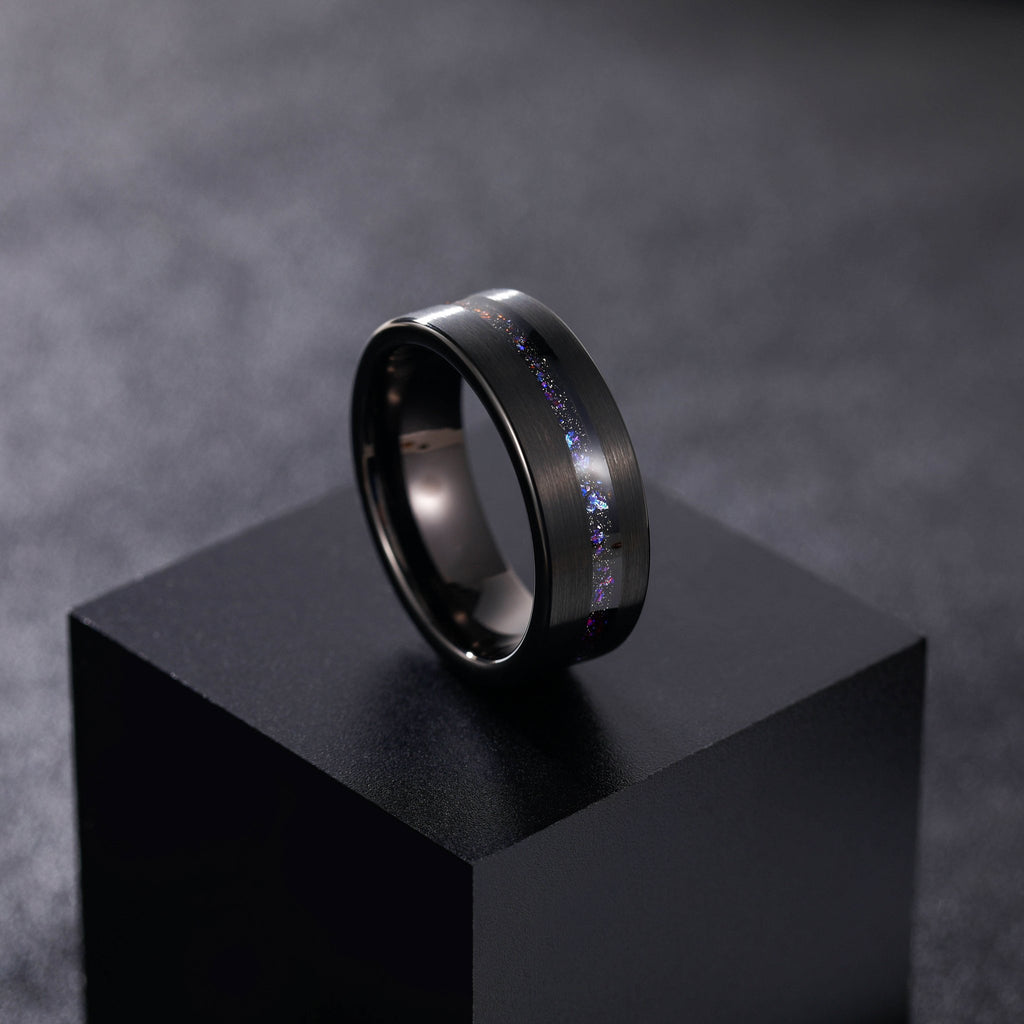 8mm Black Plated Brushed Black Blue Meteorite Stone Inlay Tungsten Carbide Ring