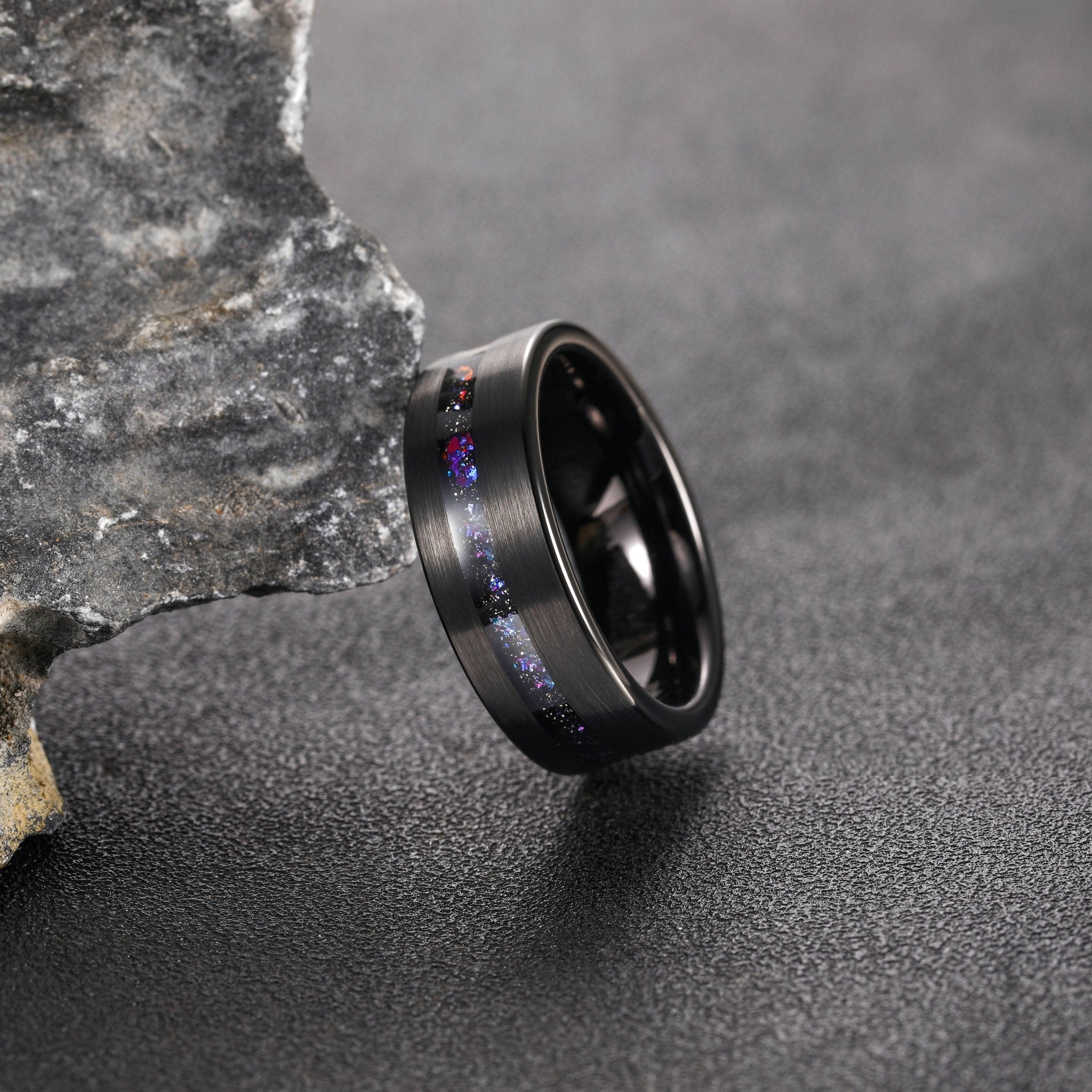 8mm Black Plated Brushed Black Blue Meteorite Stone Inlay Tungsten Carbide Ring