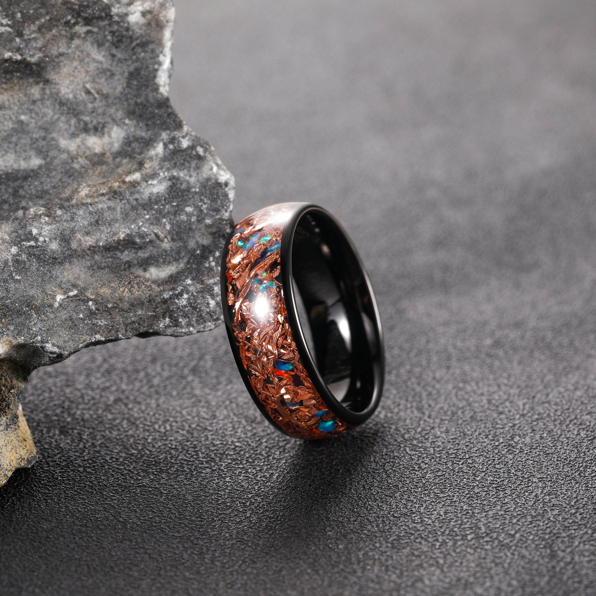 8mm Black Plated Copper Inlaid with Red Blue Green Opal Stone Tungsten Carbide Band Ring