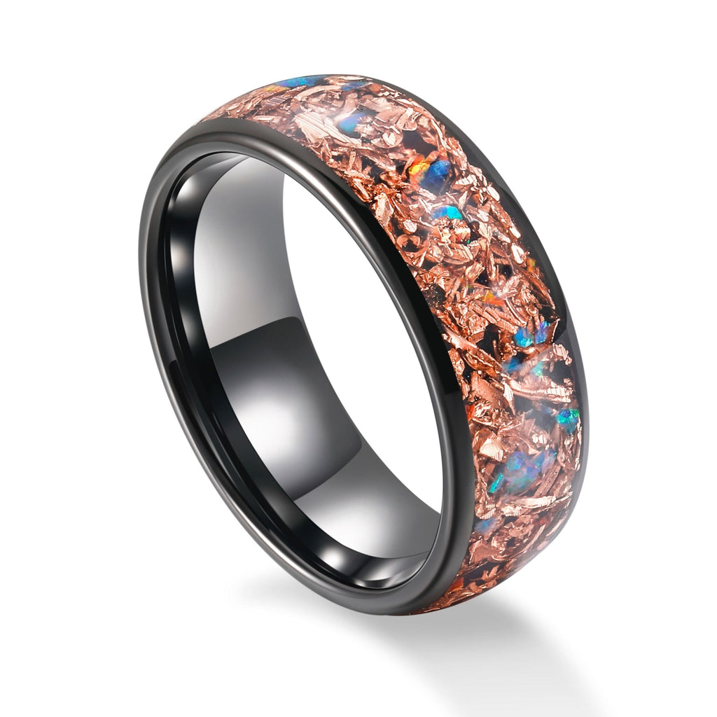8mm Black Plated Copper Inlaid with Red Blue Green Opal Stone Tungsten Carbide Band Ring