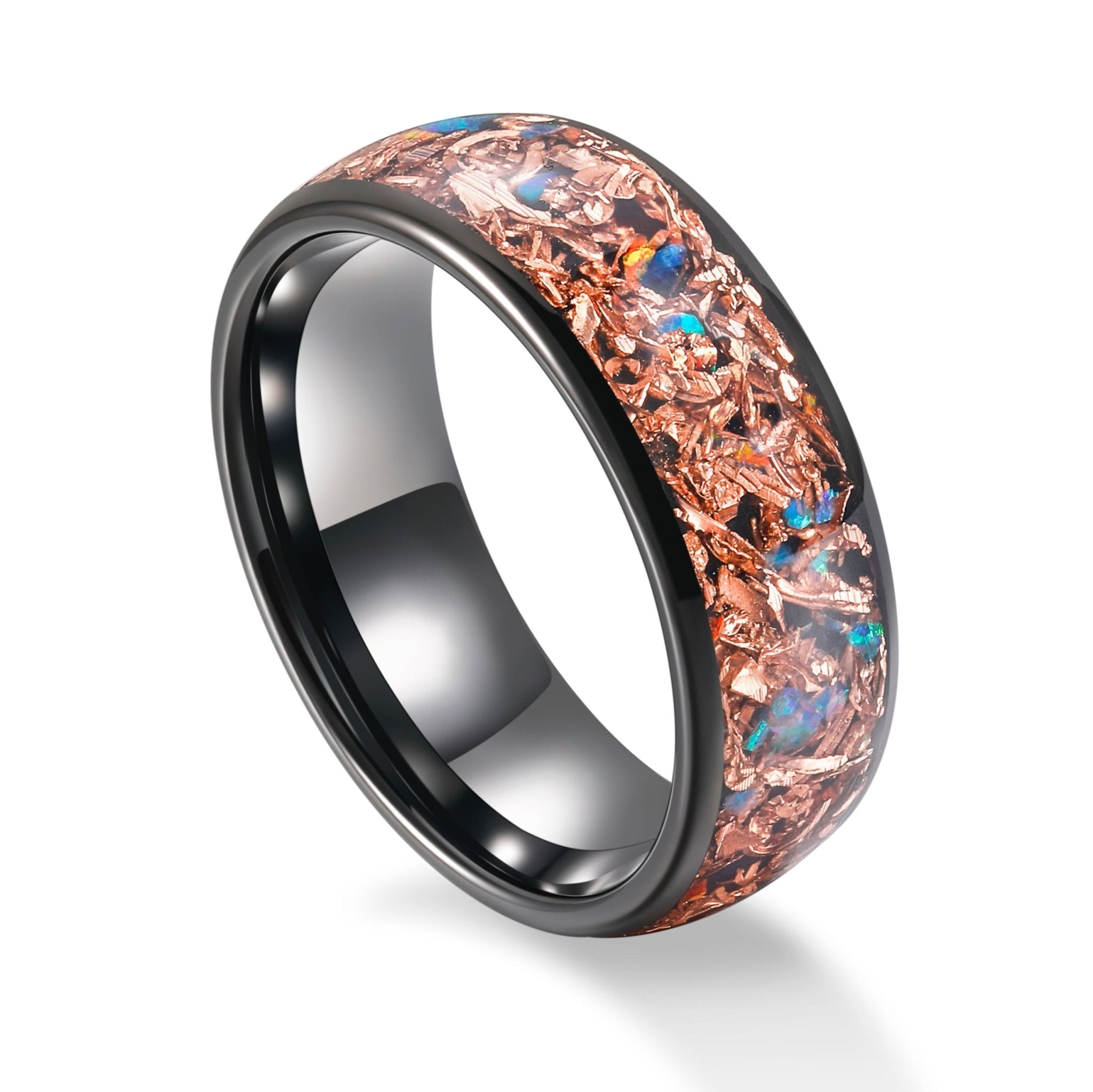 8mm Black Plated Copper Inlaid with Red Blue Green Opal Stone Tungsten Carbide Band Ring