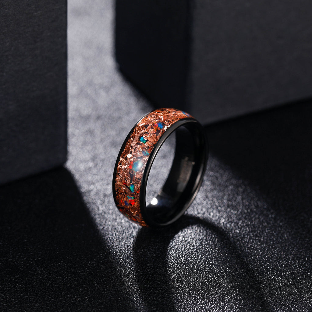 8mm Black Plated Copper Inlaid with Red Blue Green Opal Stone Tungsten Carbide Band Ring
