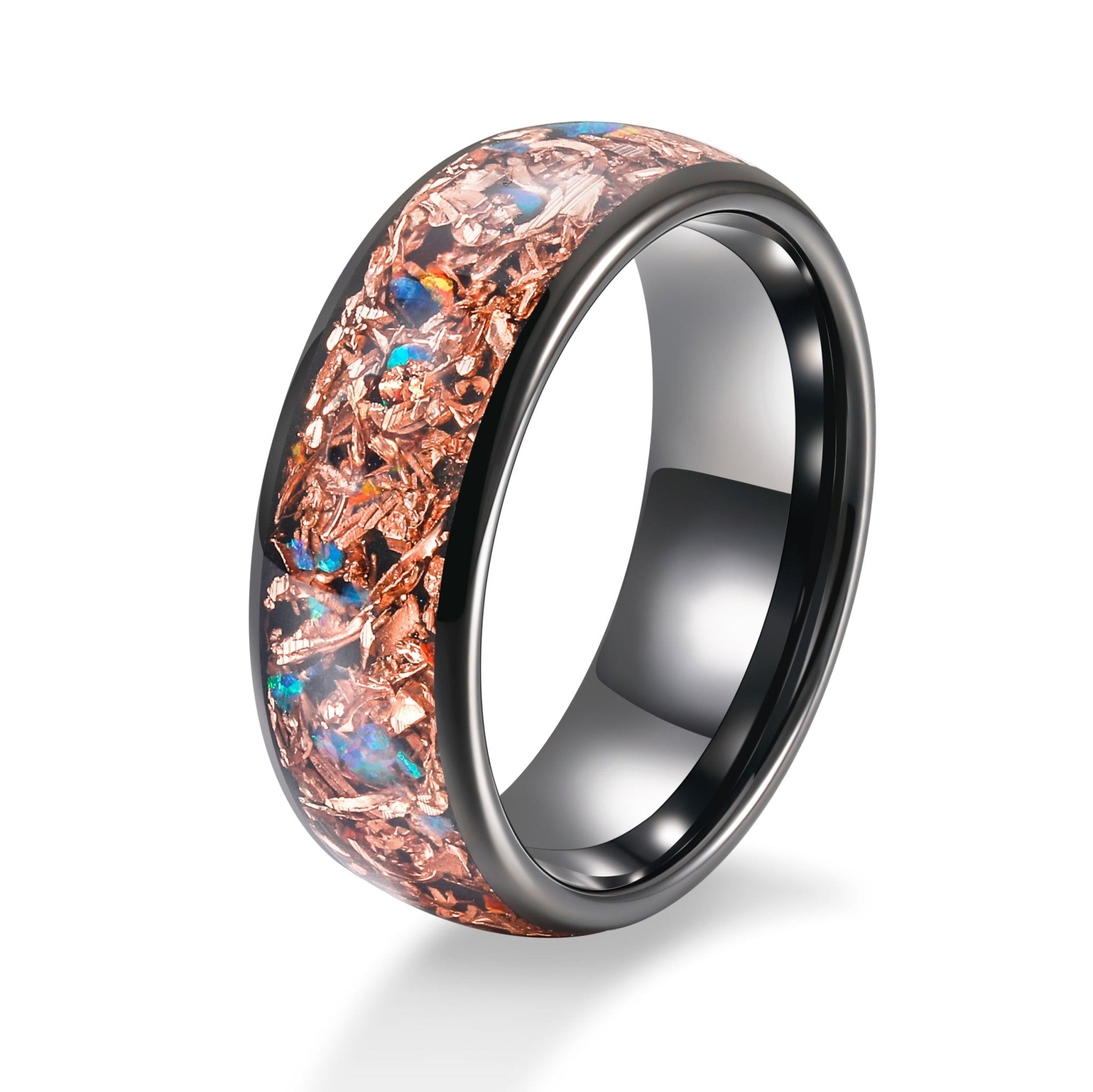 8mm Black Plated Copper Inlaid with Red Blue Green Opal Stone Tungsten Carbide Band Ring