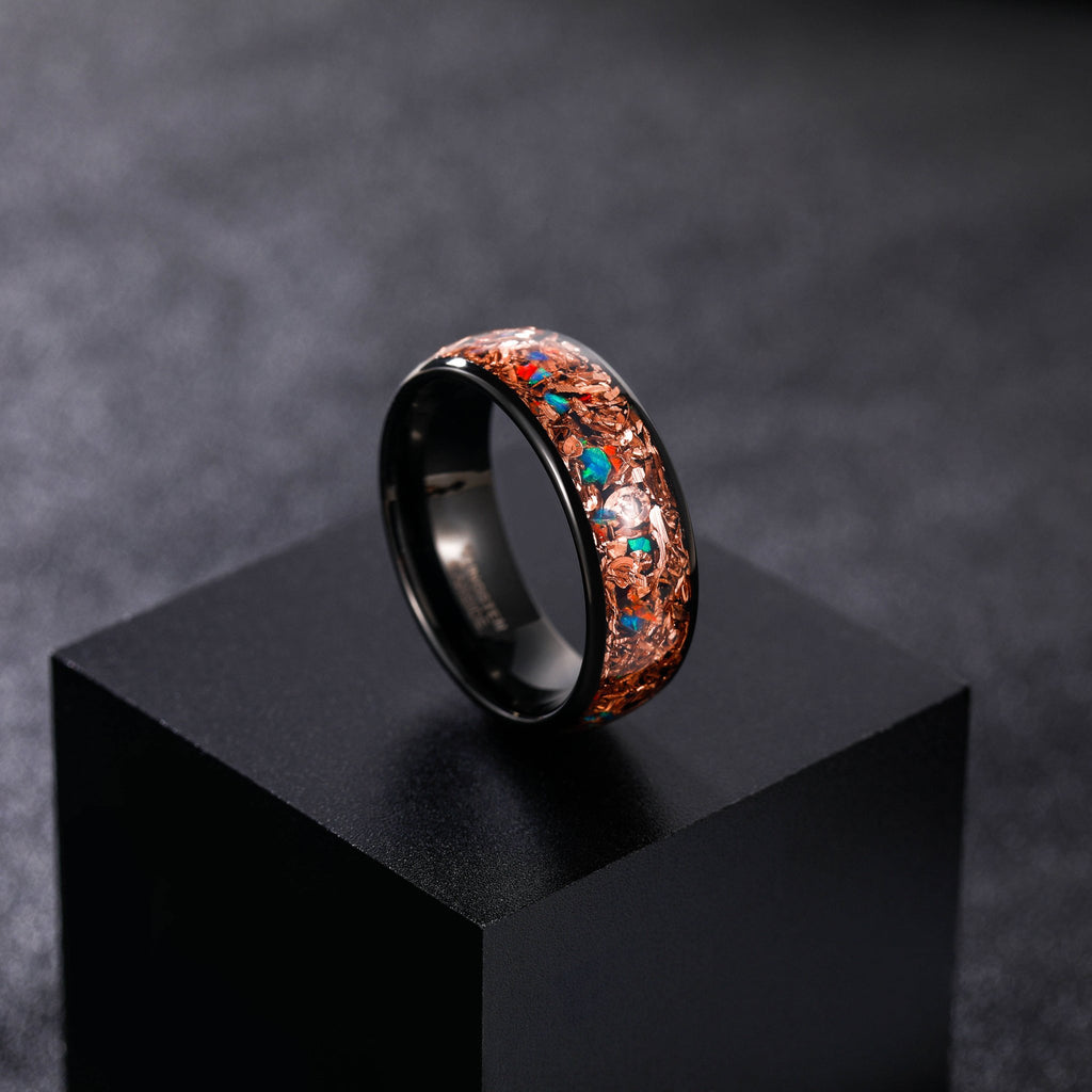 8mm Black Plated Copper Inlaid with Red Blue Green Opal Stone Tungsten Carbide Band Ring