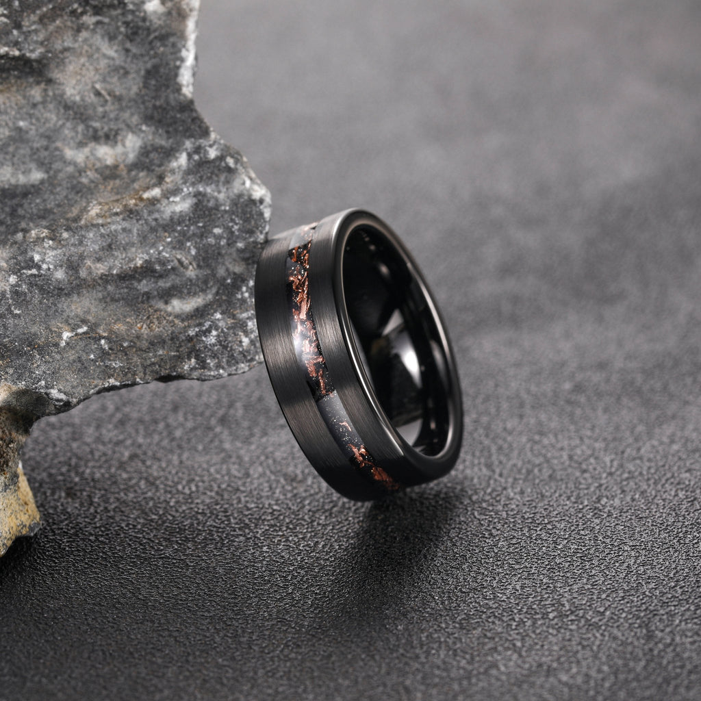 8mm Black Plated Matte Brushed Black Meteorite Copper Inlay Tungsten Carbide Ring