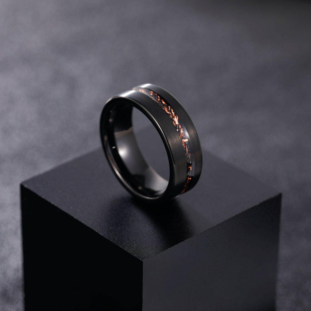 8mm Black Plated Matte Brushed Black Meteorite Copper Inlay Tungsten Carbide Ring
