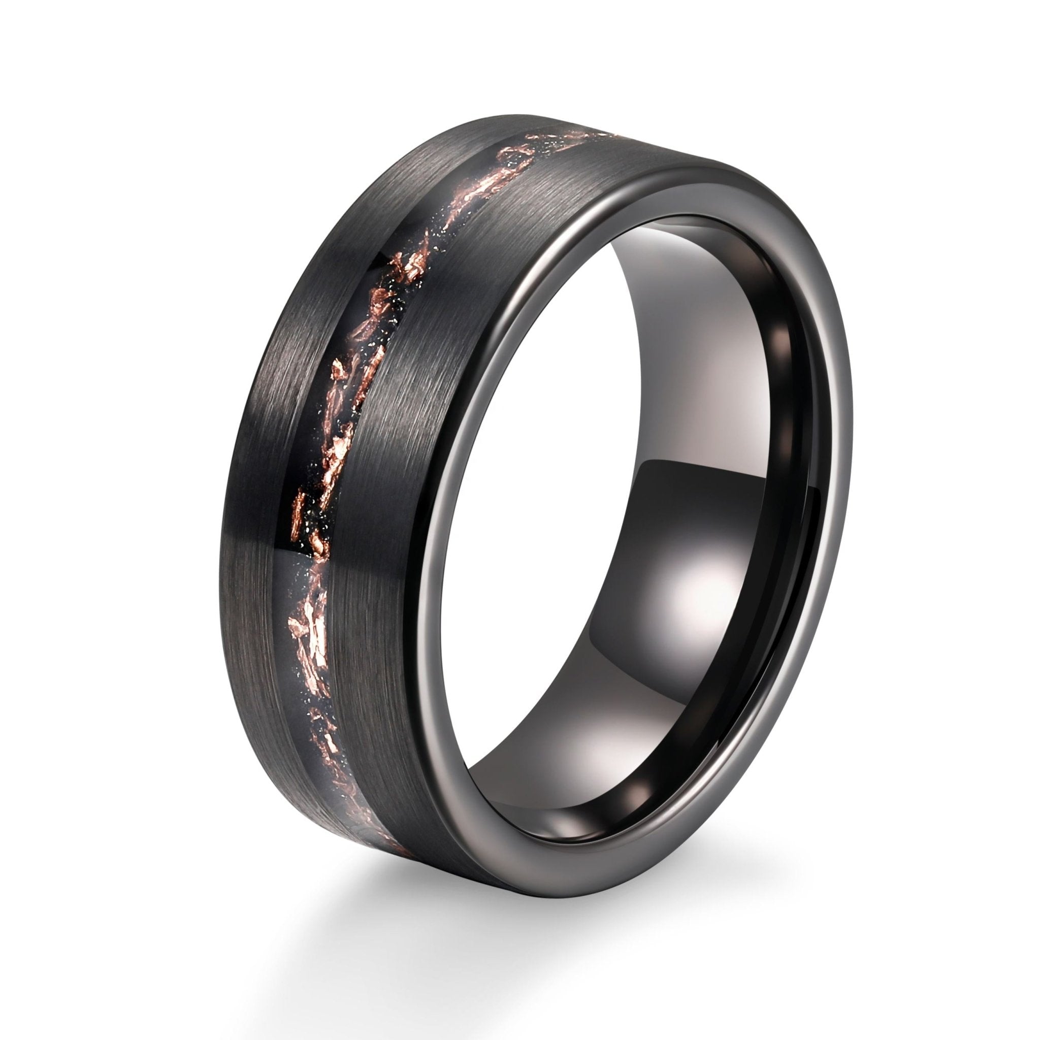 8mm Black Plated Matte Brushed Black Meteorite Copper Inlay Tungsten Carbide Ring