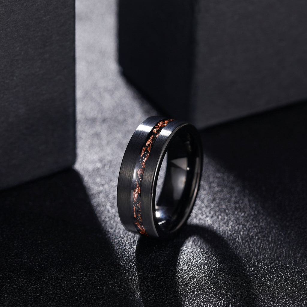 8mm Black Plated Matte Brushed Black Meteorite Copper Inlay Tungsten Carbide Ring
