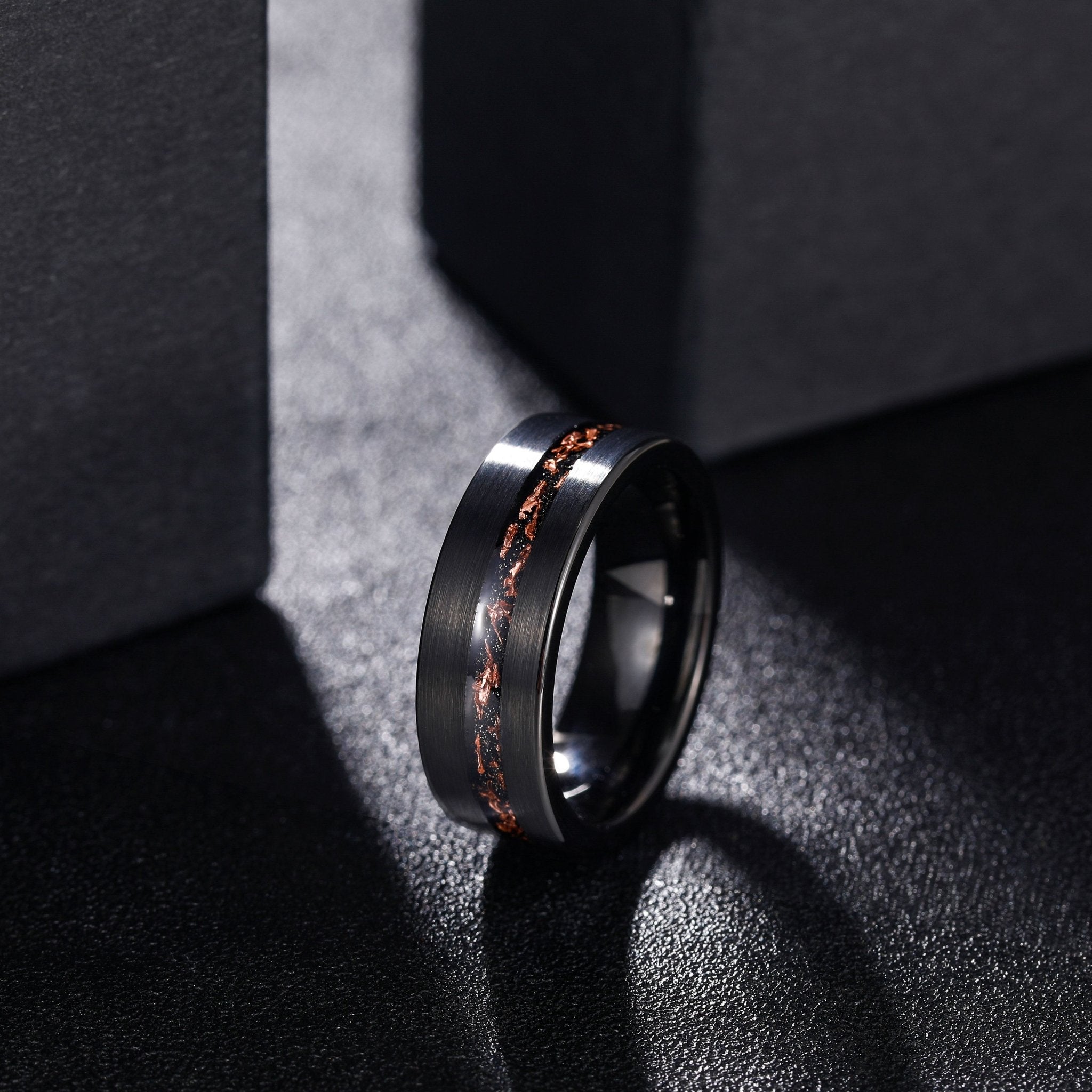 8mm Black Plated Matte Brushed Black Meteorite Copper Inlay Tungsten Carbide Ring