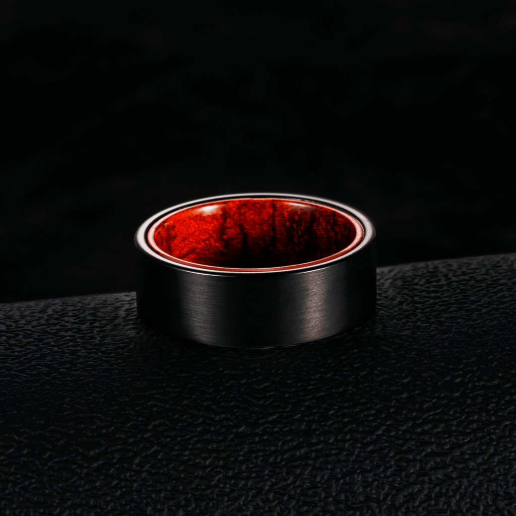 8MM Black Plated Red Sandalwood Inlay Brushed Tungsten Carbide Ring