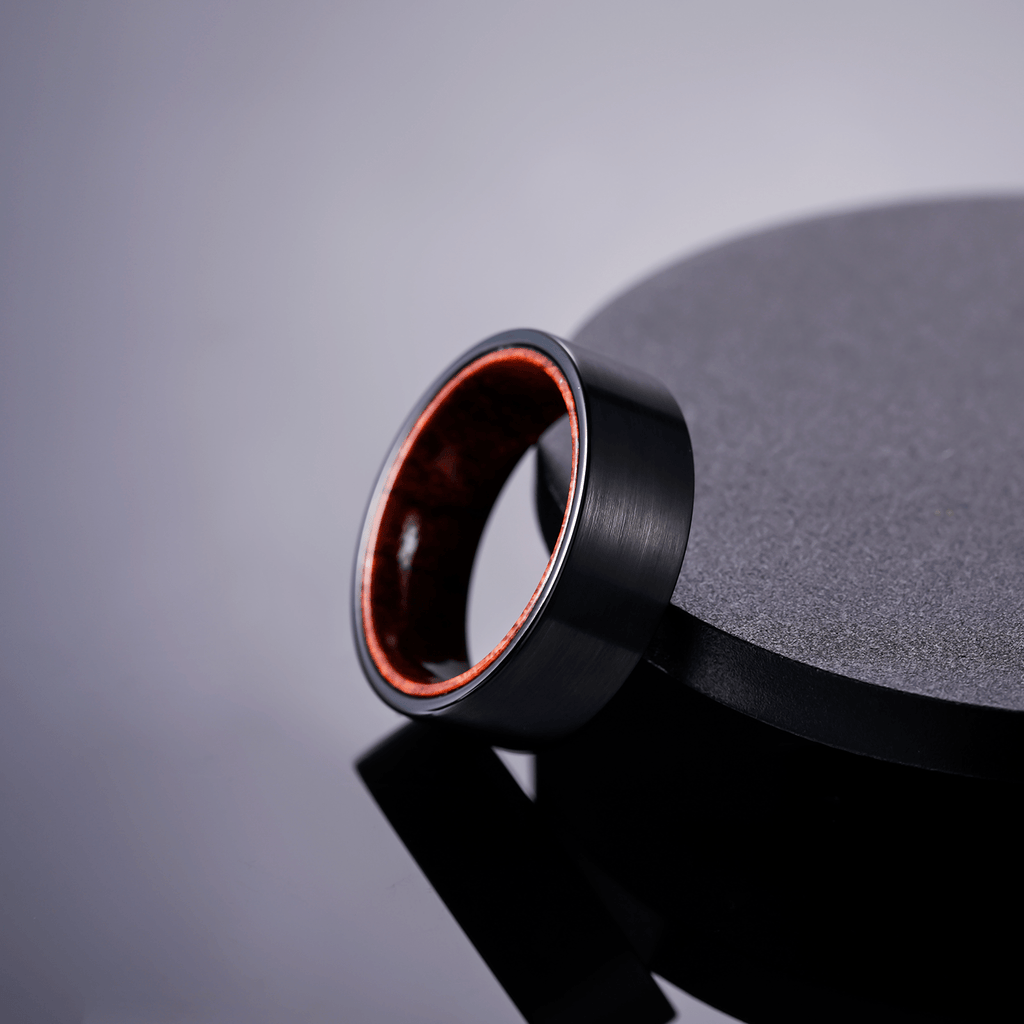 8MM Black Plated Red Sandalwood Inlay Brushed Tungsten Carbide Ring