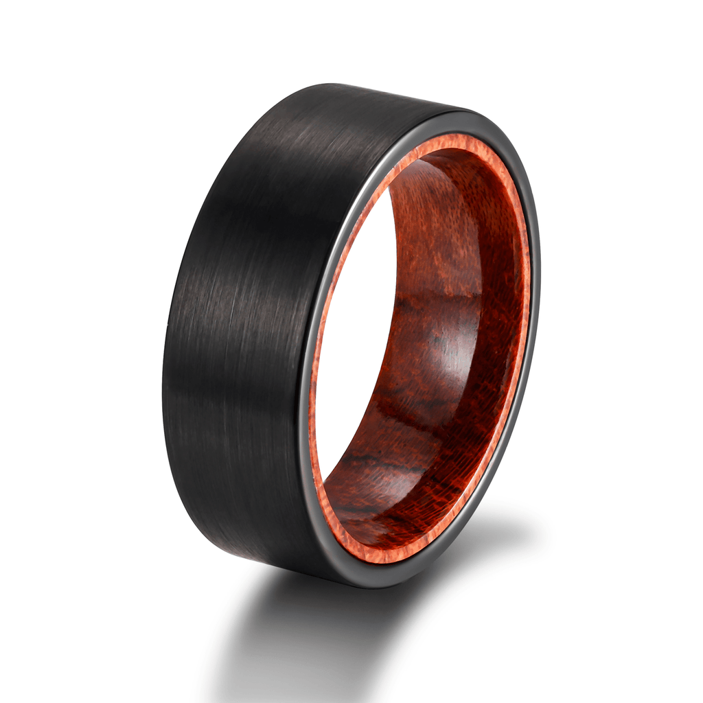 8MM Black Plated Red Sandalwood Inlay Brushed Tungsten Carbide Ring