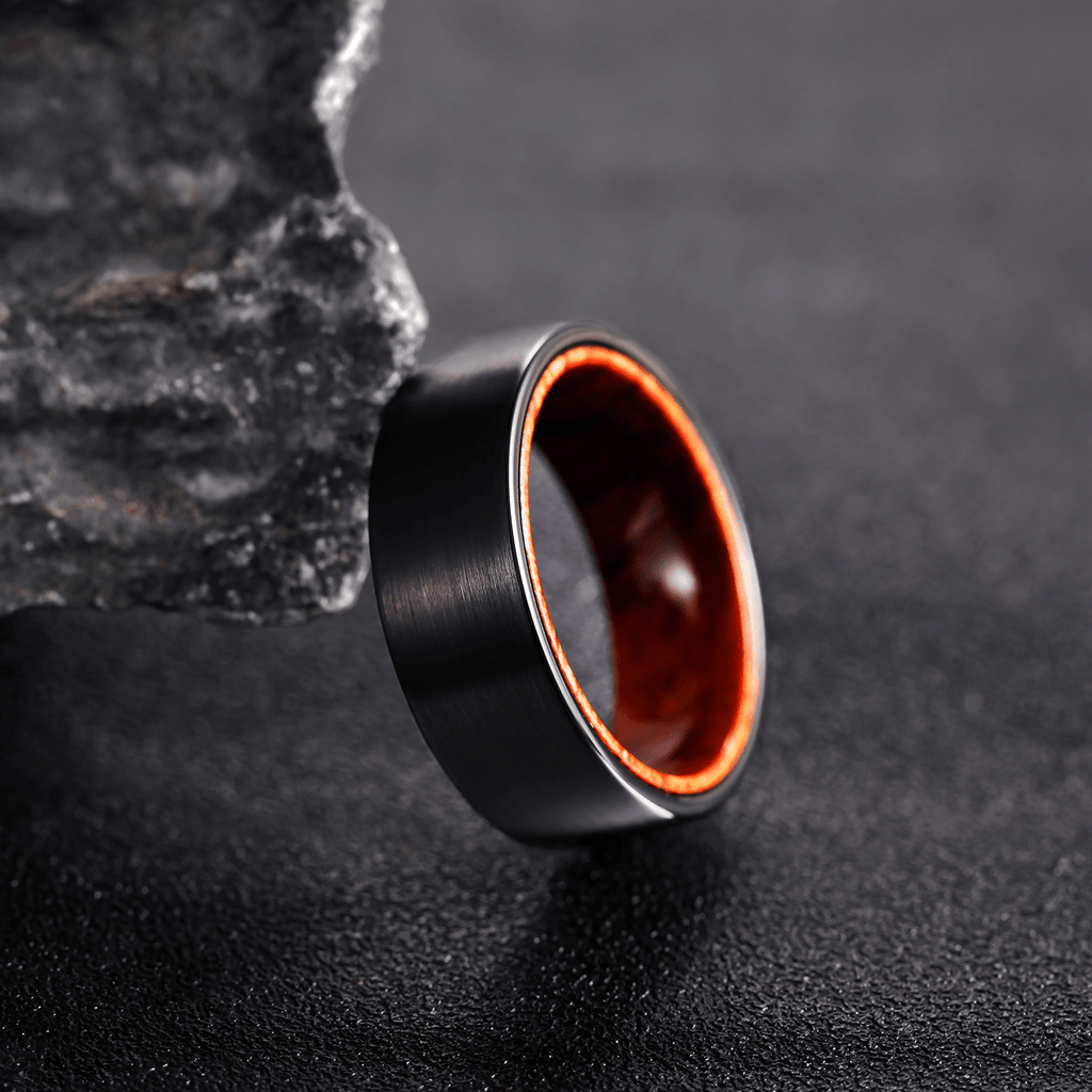 8MM Black Plated Red Sandalwood Inlay Brushed Tungsten Carbide Ring