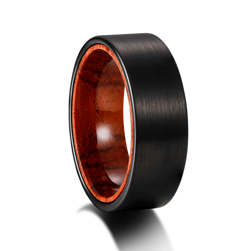 8MM Black Plated Red Sandalwood Inlay Brushed Tungsten Carbide Ring