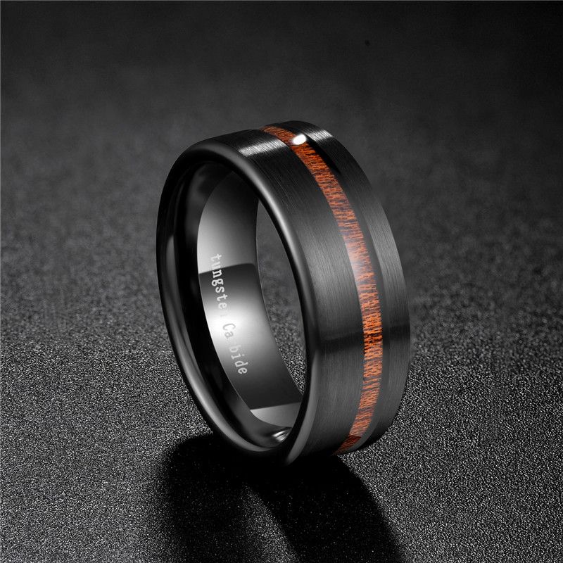 8mm Black Ring Men With Wood Line Tungsten Carbide Ring Engagement Wedding Bands