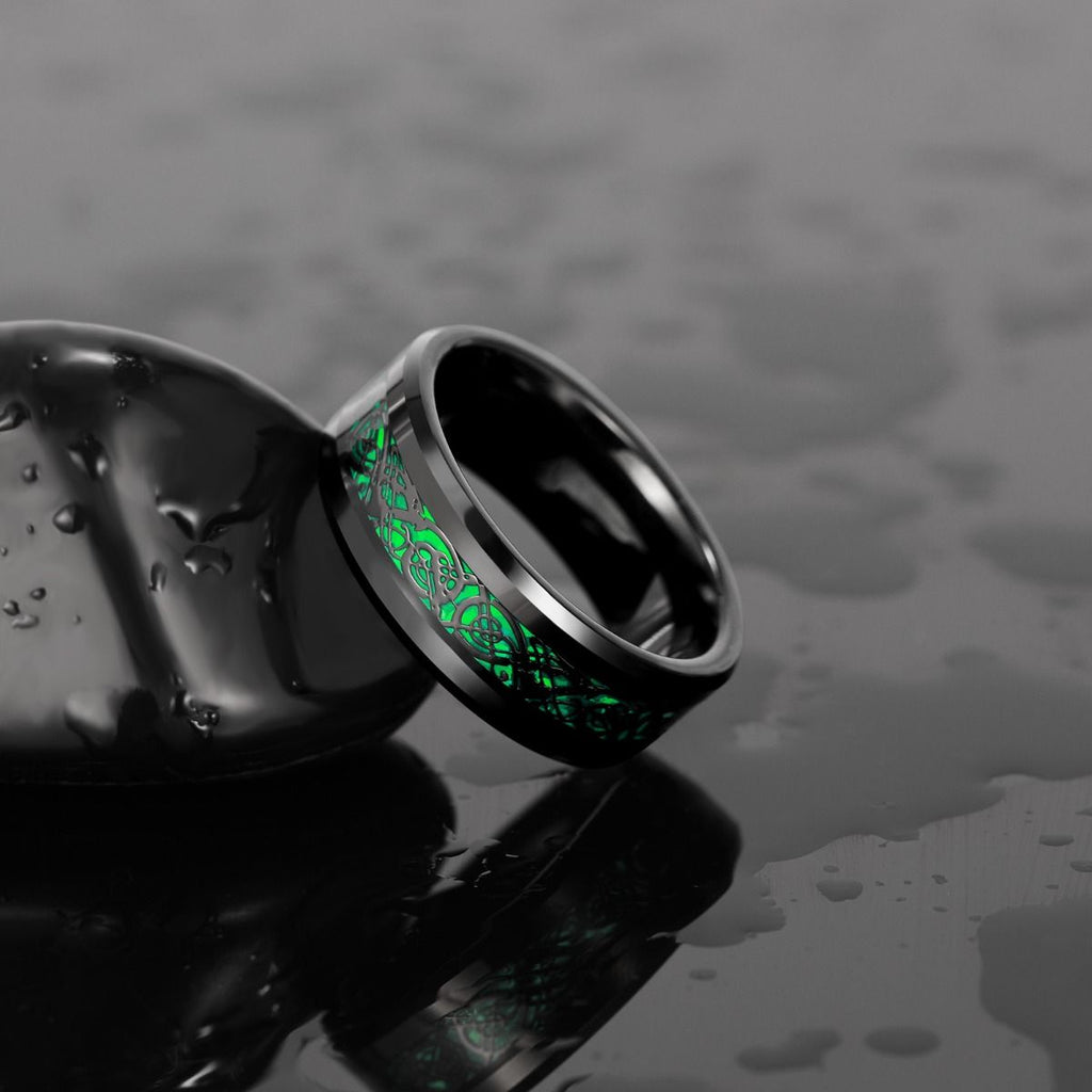 8mm Black Tungsten Carbide Ring Men Green Celtic Dragon Inlay Rings
