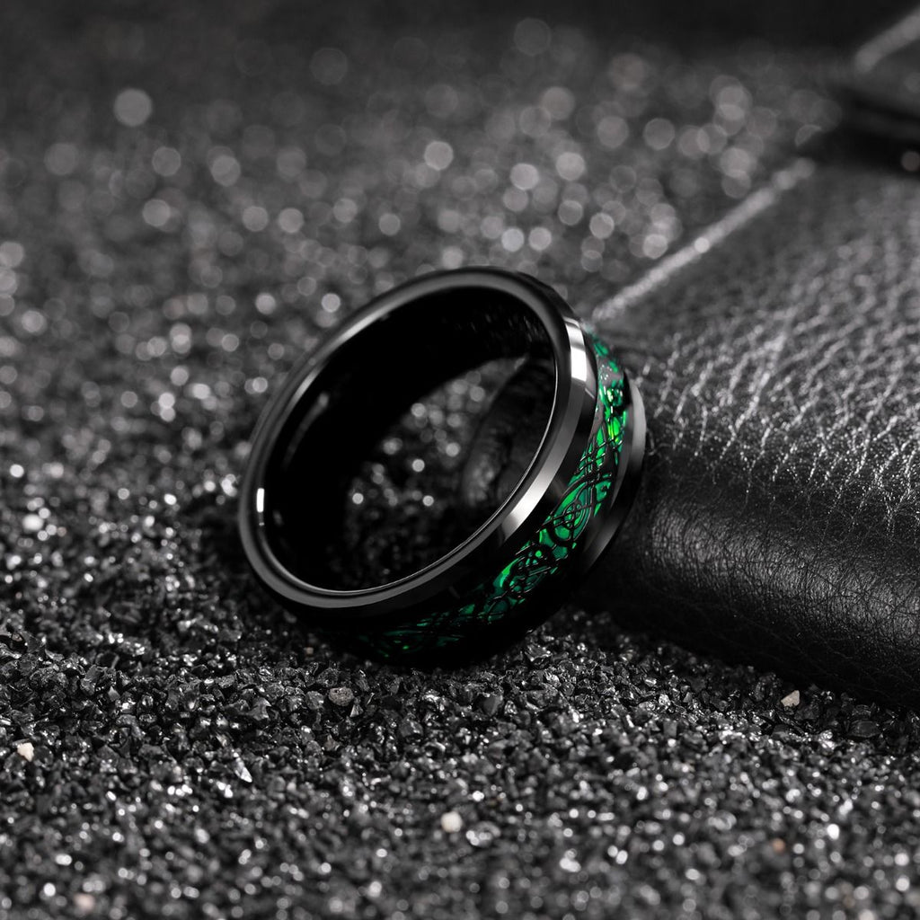 8mm Black Tungsten Carbide Ring Men Green Celtic Dragon Inlay Rings